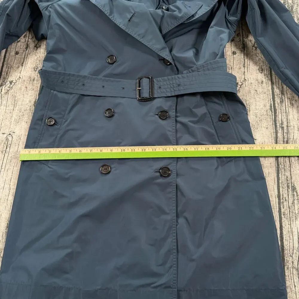 Burberry London Blue Trench Coat Women Hooded Belted Nova Check Lined Size 14 - Picture 9 of 16